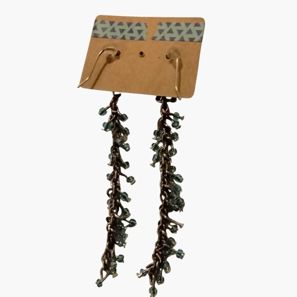 Chain Dangle Earrings Blue Aqua Glass Beads Unique Artisan - Picture 6 of 6